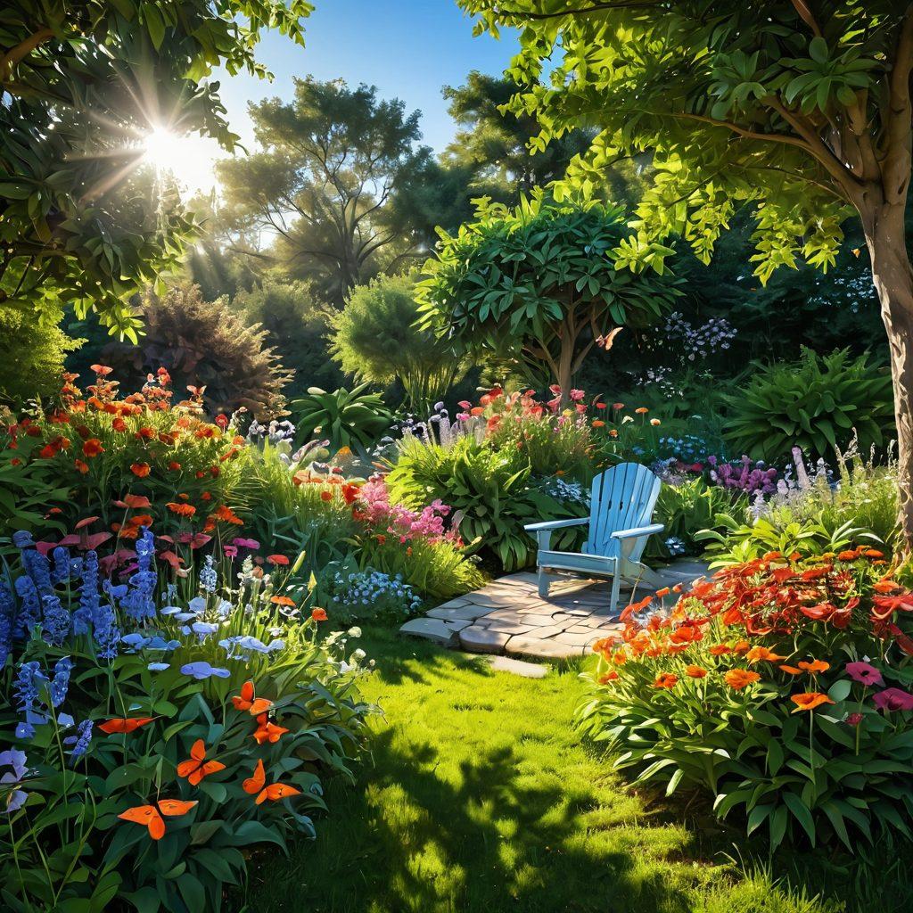 A serene landscape featuring a peaceful garden in full bloom under a bright blue sky, with a meditation spot centered around lush greenery and vibrant flowers. Incorporate ethereal light beams shining down, symbolizing inspiration and joy. Add a silhouette of a person meditating in the garden, exuding bliss and tranquility. wildflowers, and butterflies fluttering around. 3D. vibrant colors. super-realistic.