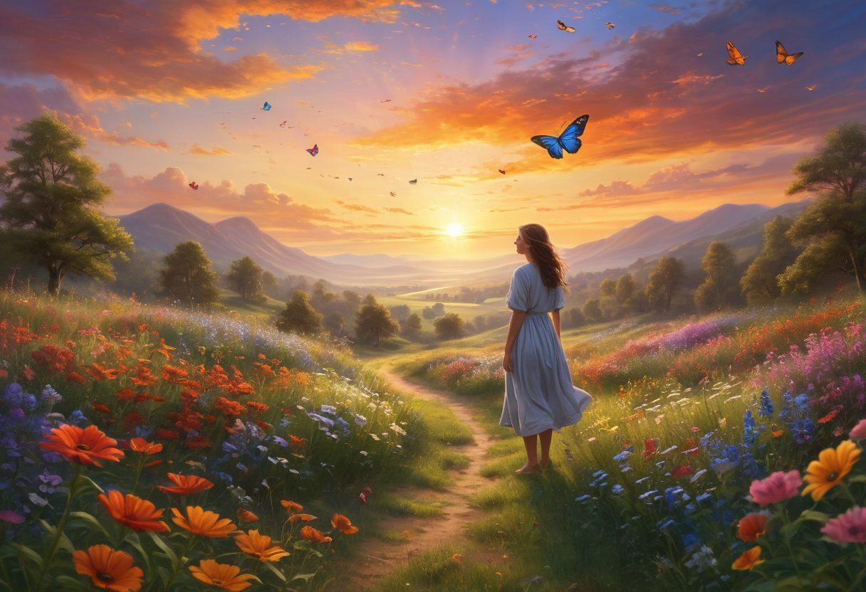 A serene landscape featuring a sunrise over a peaceful meadow, symbolizing hope and joy. In the foreground, a cheerful figure embraces nature, surrounded by vibrant wildflowers and butterflies, exuding positivity and contentment. Soft, warm lighting creates an inviting atmosphere that reflects emotional well-being. The title text subtly integrated in the sky. super-realistic. vibrant colors. 3D.