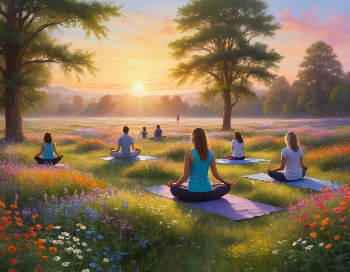 A serene landscape, featuring a radiant sunrise illuminating a field of wildflowers, symbolizing joy and new beginnings. In the foreground, a diverse group of people joyfully engaging in various activities: yoga, laughter, painting, and sharing stories, reflecting the essence of a joyful life. Soft, pastel colors dominate the scene, creating a warm and inviting atmosphere. super-realistic. vibrant colors.